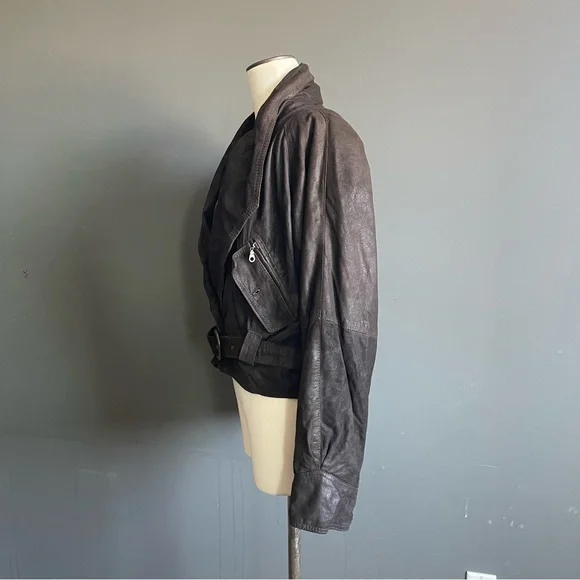 Vintage Lamb Leather Draped Jacket Belted Brown Cropped Moto Oversized Biker - Picture 6 of 10